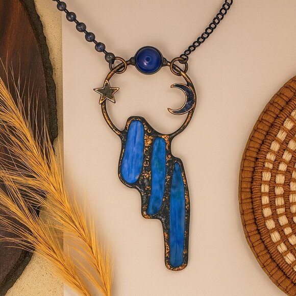 Boho Chic Kyanite & Amethyst Crescent Moon Star Pendant Vintage Necklace ๐โจ - Picture 1 of 12